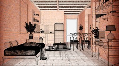 Ev yenileme, ev geliştirme konsepti, iç mimari tasarım, özel mimari tasarım projesi, siyah mürekkep çizimi, mutfak planı, oturma odası.