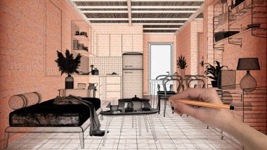 Ev yenileme, ev geliştirme konsepti, el çizimi özel mimarisi, siyah mürekkep çizimi, modern yemek odasını gösteren plan.