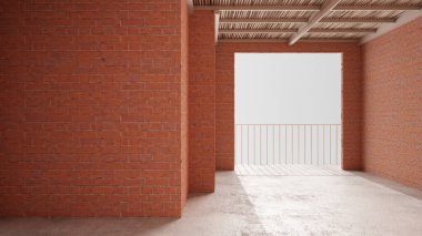 İnşaat halindeki yeni bir evin iç dekorasyonu, kırmızı tuğla duvarlar, beton döşeme, bambu ahşap tavan, mimari mühendisliği konsepti arka plan modeli.