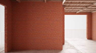 İnşaat halindeki yeni bir evin iç dekorasyonu, kırmızı tuğla duvarlar, beton döşeme, bambu ahşap tavan, mimari mühendisliği konsepti arka plan modeli.