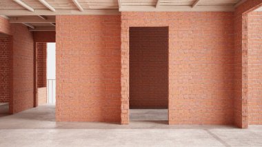 İnşaat halindeki yeni bir evin iç dekorasyonu, kırmızı tuğla duvarlar, beton döşeme, bambu ahşap tavan, mimari mühendisliği konsepti arka plan modeli.