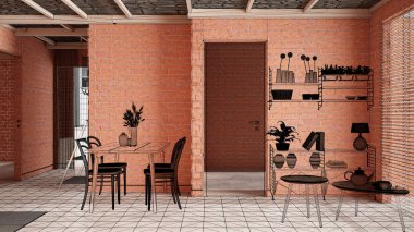 Ev yenileme, ev geliştirme konsepti, iç mimari tasarım, özel mimari tasarım projesi, siyah mürekkep çizimi, oturma odasını gösteren plan, yemek odası.