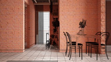 Ev yenileme, ev geliştirme konsepti, iç mimari tasarım, özel mimari tasarım projesi, siyah mürekkep çizimi, oturma odasını gösteren plan, yemek odası.