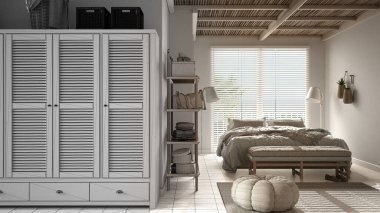 Mimari iç mimar konsepti: tamamlanmamış proje gerçek, rahat yatak odası, yatak odası, yastıklar ve battaniyeler, seramik fayanslar, raflar, gardırop ve pencere, modern iç dizayn