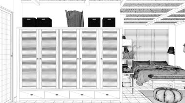 Taslak proje taslağı, rahat huzurlu yatak odası, yastıklı ve battaniyeli çift kişilik yatak, seramik fayanslar zemin, halı, puf, pencere, klasik gardırop ve raflar, modern iç mimari tasarım.