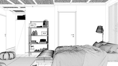 Taslak proje taslağı, konforlu huzurlu yatak odası, çift kişilik yatak, yastıklar ve battaniyeler, seramik fayanslar zemin, halı, puf, raflar ve pencereler Venedik panjurlu, modern iç tasarım