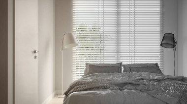 Mimari iç mimar konsepti: Bitmemiş proje gerçek, barışçıl yatak odası, yatak odası, yastıklar ve battaniyeler yakın plan, lambalar, pencereli, modern iç tasarım