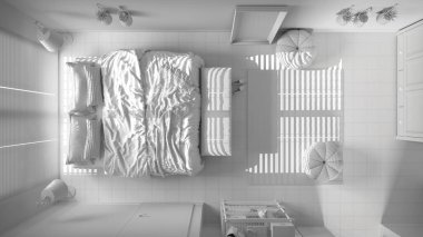 Tamamen beyaz proje, rahat huzurlu yatak odası, yastıklı yatak ve battaniyeli yatak, seramik fayanslar, halı, puf, Venedik panjurlu pencere, üst manzara, plan, modern iç tasarım