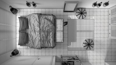 Tamamlanmamış proje, huzurlu yatak odası, yastıklı yatak ve battaniyeli yatak seramik fayanslar, halı, puf, Venedik panjurlu pencere, üst manzara, plan, modern iç tasarım