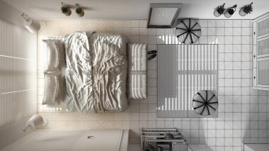 Mimari iç mimar konsepti: tamamlanmamış proje gerçek, rahat yatak odası, yatak odası, yastıklar, battaniyeler, halı, puf, pencere, üst görünüm, plan, modern iç tasarım