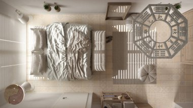 Feng shui danışmanlık ile iç tasarım projesi, yatak odası yatak odası ve mobilya, bagua ve tao sembolü, yin & yang polaritesi, monogram konsepti, üst görünüm, plan, yukarıda