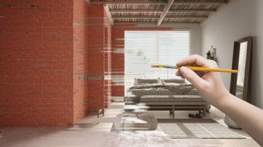 Tamamlanmamış bir proje, çok rahat ahşap bir yatak odası. İnşaat bölümünün altında, el boyama detayları, tasarım fikri, sürdürülebilir ahşap tavanlı bir daire, özel mobilyalar.