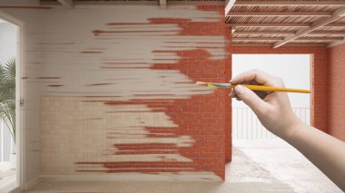 Tamamlanmamış proje, seramik zemini olan gerçek bir oda. İnşaatın altında, el boyama detayları, tasarım fikri, sürdürülebilir daire, ahşap tavan, özel mobilyalar.