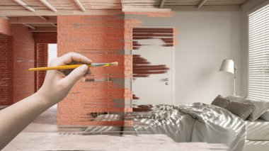 Tamamlanmamış bir proje, çok rahat ahşap bir yatak odası. İnşaat bölümünün altında, el boyama detayları, tasarım fikri, sürdürülebilir ahşap tavanlı bir daire, özel mobilyalar.