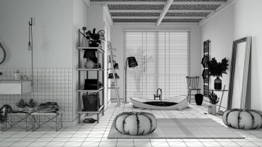 Bitmemiş proje, rahat ahşap banyo, büyük küvet, seramik fayanslar zemin, halı, puf, raf, ayna, pencere perdeleri, spa, otel süiti, modern iç mimari