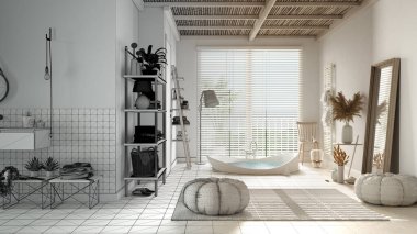 Mimari iç mimar konsepti: alan gerçek, rahat, ahşap huzurlu banyo, küvet, seramik fayanslar, spa, modern tasarım haline gelirken el çizimi iç mimari projesi