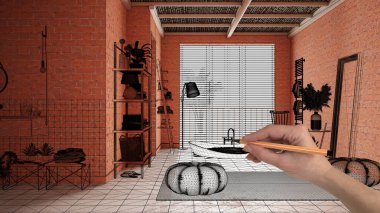 Ev yenileme, ev geliştirme konsepti, el çizimi özel mimarisi, siyah mürekkep çizimi, spa banyosunu gösteren bina tasarımı.