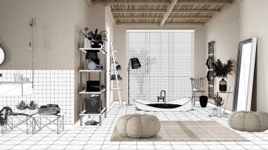 Taslak proje taslağı, rahat ahşap ahşap banyo, küvet, seramik fayanslar, halı, yuvarlak puf, raflar, ayna, pencere perdeleri, spa, otel odası, özel mobilyalar.