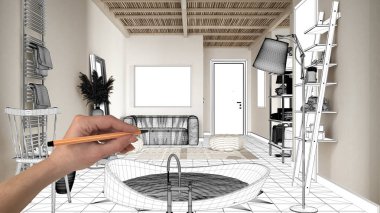 Tamamlanmamış proje, inşaat tasarımı planı, konsept iç tasarım çizimi, el çizimi banyo küveti, plan arka planı, mimar ve tasarımcı fikri.
