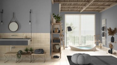 Gri tonlu rahat ahşap banyo, büyük küvet, seramik fayanslar, lavabo ayna, halı, puf, raflar, pencere perdeleri, spa, otel süiti, modern iç tasarım.