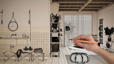 Ringbone parke zemin, beyaz duvarlar, el çizimi özel mimari tasarımı, siyah mürekkep çizimi, banyo ve lavabo ile rahat bir banyo olduğunu gösteren plan.