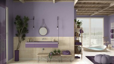 Konforlu ahşap banyo menekşe renkleri, küvet, seramik fayanslar, lavabo ayna ve küçük saksı ağacı, puf, raflar, büyük pencere, spa, otel süiti, modern iç tasarım.