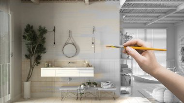 Taslak proje taslağı, rahat ahşap oturma odası taslağı, el boyası iç dekorasyon fikri, küveti, lavabosu, ağacı, özel mobilyası olan ahşap banyo fikri.