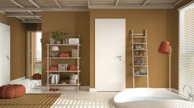 Turuncu tonlarda rahat ahşap banyo, büyük yuvarlak küvet, seramik fayanslar zemin, halı, yuvarlak puf, raflar ve pencereli panjurlar, spa, otel süiti, modern iç tasarım.