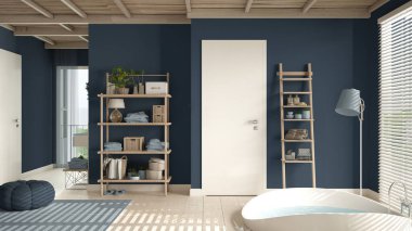 Mavi tonlarda rahat ahşap banyo, büyük yuvarlak küvet, seramik fayanslar zemin, halı, yuvarlak puf, raflar ve pencereli panjurlar, spa, otel süiti, modern iç tasarım.