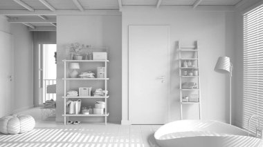 Tamamen beyaz proje, rahat bir banyo, büyük yuvarlak küvet, seramik fayanslar zemin, halı, yuvarlak puf, raflar ve pencereli panjurlar, spa, otel odası, modern iç mimari tasarım.