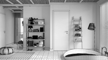 Bitmemiş proje, rahat bir banyo, büyük yuvarlak küvet, seramik fayanslar zemin, halı, yuvarlak puf, raflar ve pencereli panjurlar, spa, otel süiti, modern iç mimari tasarım.