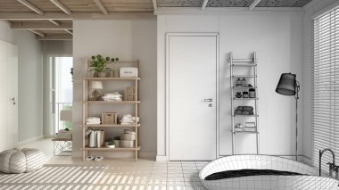 Mimari iç mimar konsepti: alan gerçek olurken el çizimi iç tasarım projesi, banyo, banyo, küvet, fayanslar, pencere, spa, otel süiti, modern iç tasarım