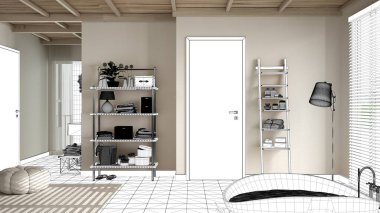 Taslak proje taslağı, rahat ahşap ahşap banyo, küvet, seramik fayanslar, halı, yuvarlak puflar, raflar, kapı, merdiven, pencere, spa, otel odası, özel mobilyalar.