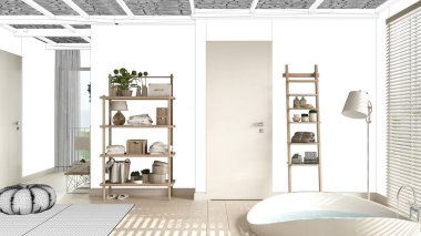 Büyük yuvarlak küveti, spa süiti, otel odası ya da sürdürülebilir evi olan rahat banyo, iç dizayn konsepti fikri, siyah mürekkep taslağı taslak arka planı, özel mobilya taslak projesi