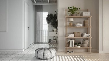 Mimari iç mimar konsepti: alan gerçek olurken el çizimi iç tasarım projesi, banyo, seramik fayanslar. Pencere, kaplıca, otel odası, modern iç tasarım.