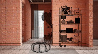 Ev yenileme, ev geliştirme konsepti, iç tasarım yapım aşamasında, özel tasarım projesi, siyah mürekkep çizimi, raflı banyosunu gösteren plan ve puf.