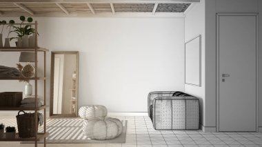 Mimari iç mimar konsepti: alan gerçek, rahat huzurlu bir oda, seramik fayanslar haline gelirken el yapımı bir iç tasarım projesi. Spa, otel odası, modern iç tasarım.