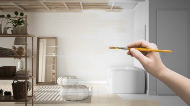 Taslak proje taslağı, rahat ahşap oturma odası taslağı, el boyası iç dekorasyon fikri, kanepe, puf ve halılı ahşap banyo, özel mobilyalar.