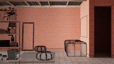 Ev yenileme, ev geliştirme konsepti, iç tasarım yapım aşamasında, özel tasarım projesi, siyah mürekkep çizimi, kanepe, halı ve puf odaları gösteren plan.