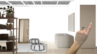 Tamamlanmamış proje, inşaat tasarısı, konsept iç tasarım eskizi, kanepe ve raflarla dolu gerçek rahat bir banyo, plan arka planı, mimar tasarım fikri.