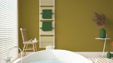 Yeşil tonlarda rahat ahşap banyo, büyük yuvarlak küvet yakın çekim, seramik fayanslar, havluları olan ısıtılmış kule korkuluğu, klasik sandalye, spa, otel süiti, modern iç tasarım.