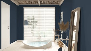 Mavi tonlarda rahat ahşap banyo, büyük yuvarlak küvet, seramik fayanslar, vazolar ve dekorlarla dolu masa, kanepe, panjurlu pencere, spa, otel süiti, modern iç tasarım.