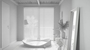 Tamamen beyaz proje, rahat bir banyo, yuvarlak küvet, seramik fayanslar, vazo ve dekorlarla dolu masa, kanepe, pencere perdeleri, spa, otel süiti, modern iç tasarım.