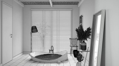 Bitmemiş proje, rahat bir banyo, yuvarlak küvet, seramik fayanslar, vazo ve dekorlu masa, kanepe, panjurlu pencere, spa, otel odası, modern iç mimari.