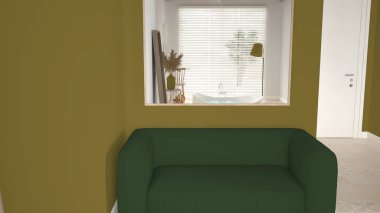 Rahat, ahşap, yeşil tonlarda bir banyo, yumuşak kanepenin üzerindeki büyük aynada yansıma, yuvarlak küvet, vazolu masa, pencereli jaluzi, spa, otel süiti, modern iç tasarım.