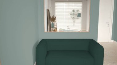 Turkuaz tonlarda rahat ahşap bir banyo, yumuşak kanepenin üzerindeki aynada yansıma, yuvarlak küvet, vazolu masa, güneşlikli pencere, spa, otel süiti, modern iç tasarım.