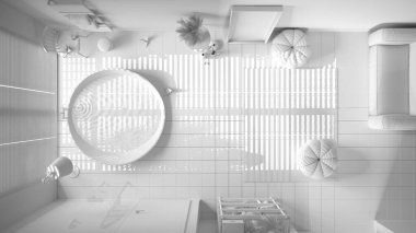 Tamamen beyaz proje, rahat ahşap banyo, büyük küvet, seramik fayanslar zemin, halı ve puf, raf, kaplıca, otel odası, modern iç tasarım, üst manzara, plan, yukarıda