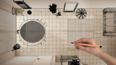 Ringbone parke zemin, beyaz duvarlar, el çizimi, özel mimari tasarım, mürekkep çizimi, banyo, küvet, üst manzara, üst kattaki planlar...