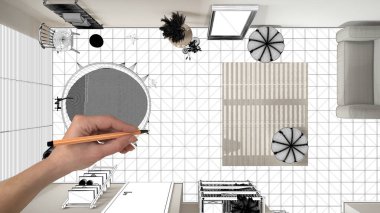Tamamlanmamış proje, inşaat tasarısı altındaki plan, konsept iç tasarım eskizi, el çizimi gerçek banyo şablonu, tasarım fikri, üst görünüm, plan, yukarıda