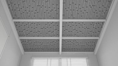 Tamamlanmamış proje, eko modern iç mekanda tavan, ahşap bambu tavan, açık kirişler, bastonlar, siyah alçı duvarlar, perdeli pencere, tavan mimarisi.